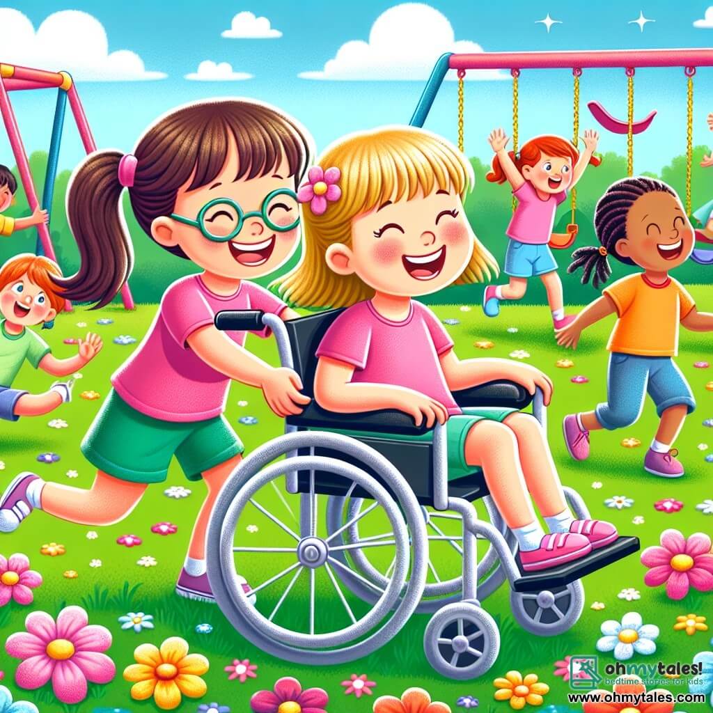 An illustration depicting a joyful moment in a colorful schoolyard, with swings and slides. The ground is covered in vibrant green grass, dotted with multicolored flowers. In the center, a 10-year-old girl with brown hair and glasses smiles as she pushes another girl in a wheelchair. The latter, aged 9, has blonde hair and wears a pink t-shirt. They are laughing together, surrounded by their friends, one with red hair and another with braids, who enthusiastically cheer them on. In the background, children are playing games, creating an atmosphere of camaraderie and joy. The sky is blue with a few white clouds, adding to the feeling of happiness and inclusion.