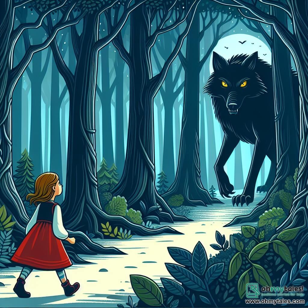 Une illustration destinée aux enfants représentant une jeune fille courageuse affrontant un grand méchant loup dans une forêt sombre et mystérieuse, où les arbres semblent murmurer des avertissements, tandis qu'un imposant loup noir aux yeux dorés bloque son chemin.