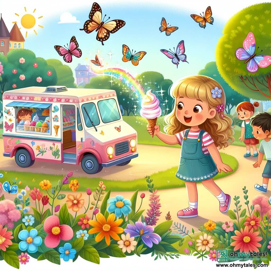 Une illustration destinée aux enfants représentant une fillette curieuse et aventureuse découvrant un camion de crème glacée magique, accompagnée de ses amis, dans un parc ensoleillé rempli de fleurs colorées et de papillons virevoltants.