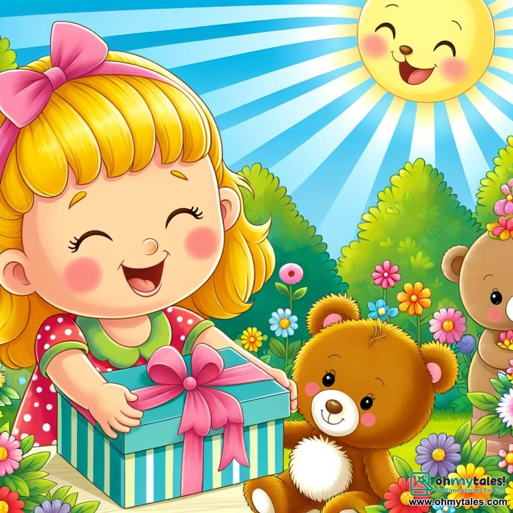 Une illustration destinée aux enfants représentant une fillette joyeuse préparant une surprise pour sa maman avec l'aide de ses amis en peluche, dans un jardin ensoleillé rempli de fleurs colorées.