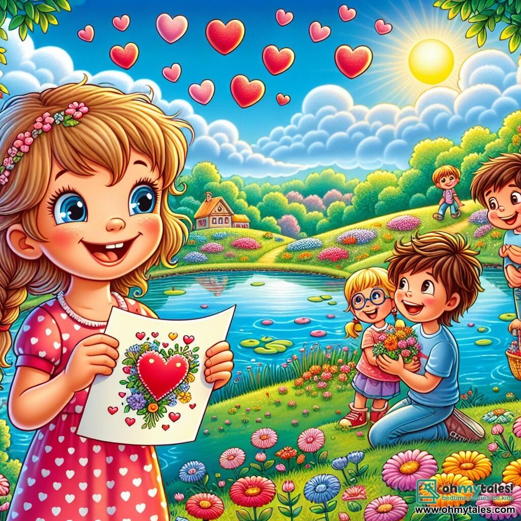 An illustration depicting a joyful scene by a large, beautiful pond surrounded by colorful flowers and lush greenery. The sky is a bright blue, dotted with fluffy white clouds. 

In the foreground, a 10-year-old boy with messy brown hair and a beaming smile holds a card decorated with sparkling hearts. Next to him, a 9-year-old girl with braided blonde hair looks at the card with sparkling eyes of excitement. She wears a polka-dotted pink dress and appears delighted. 

In the background, another 10-year-old boy with chestnut hair and a blue t-shirt watches the scene with a knowing smile, while another child, an 8-year-old girl with glasses and curly hair, approaches with a small basket filled with treats. 

The main moment shows the boy handing the card to the girl, creating an atmosphere of surprise and happiness. Hearts float around them, adding a magical touch to the illustration. Birds sing in the trees, and the sun shines, illuminating this scene of tenderness and friendship.