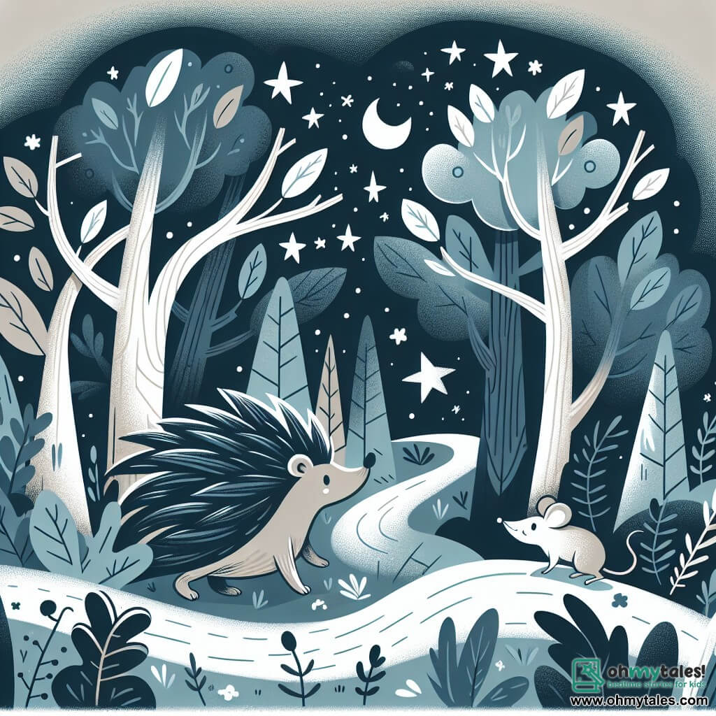 Une illustration destinée aux enfants représentant un hérisson courageux et téméraire, accompagné d'un petit souris fidèle, explorant une forêt enchantée où les arbres semblent murmurer des secrets et où règne une aura mystique et magique.