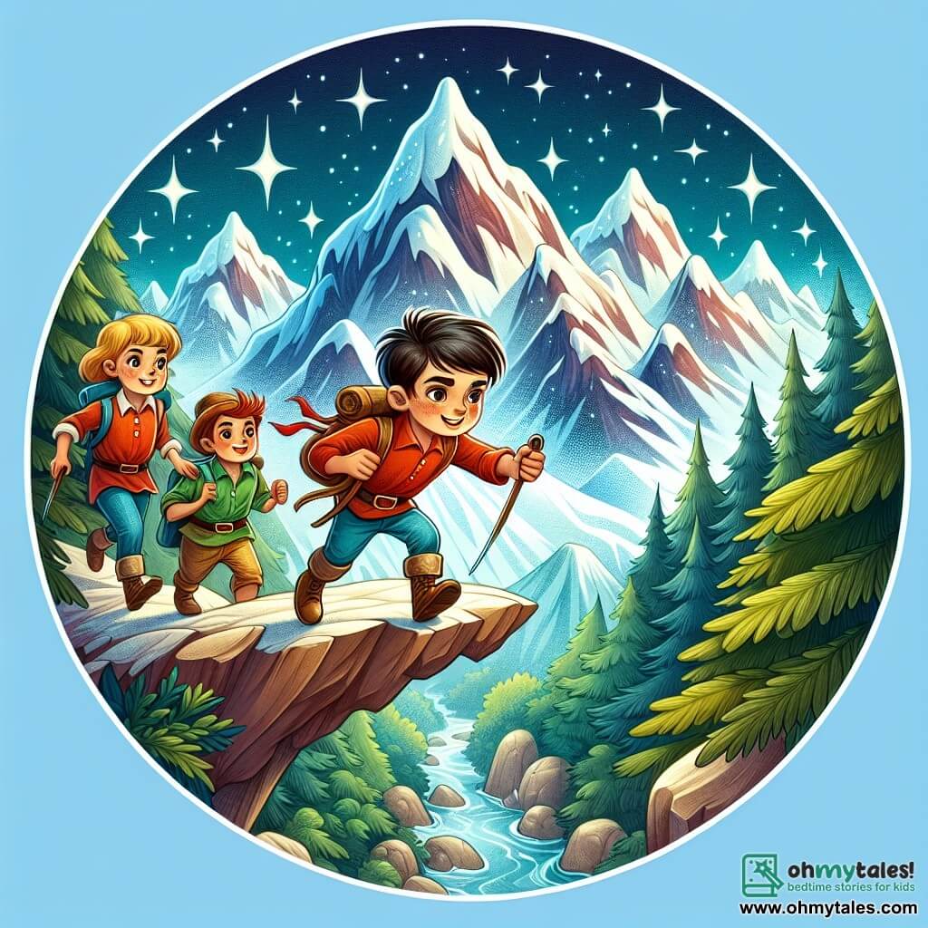 Une illustration destinée aux enfants représentant un jeune garçon courageux se lançant dans une aventure périlleuse avec ses amis, une fillette astucieuse et un garçon intrépide, à la découverte d'un trésor caché au cœur d'une montagne majestueuse aux sommets enneigés scintillants.