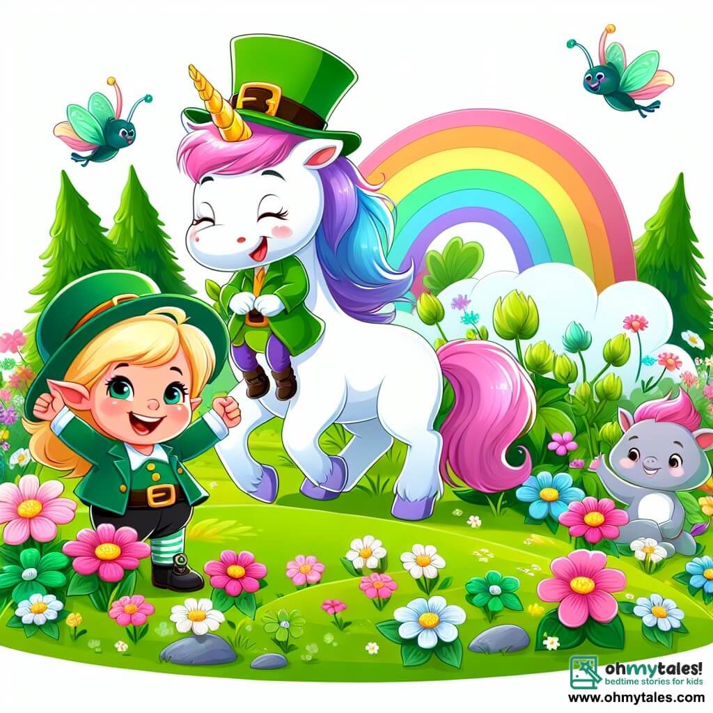 Une illustration destinée aux enfants représentant une licorne joyeuse et espiègle, accompagnée d'un petit lutin farceur, dans une prairie enchantée remplie de fleurs colorées, où ils découvrent des créatures rigolotes.