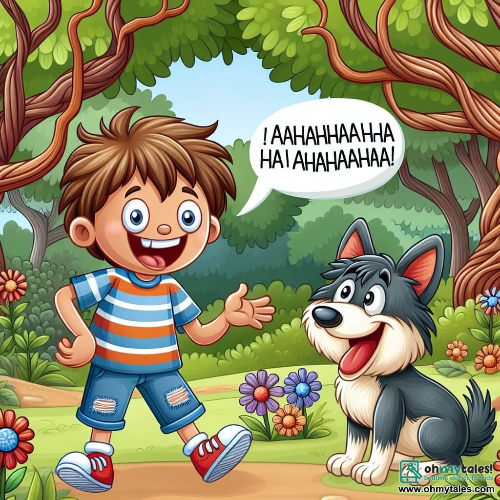Une illustration destinée aux enfants représentant un jeune garçon aux cheveux en bataille, vêtu d'un t-shirt rayé et d'un short déchiré, en train de raconter des blagues hilarantes à son meilleur ami, un chien espiègle, dans un parc verdoyant rempli d'arbres aux branches tordues et de fleurs multicolores qui dansent au rythme des éclats de rire.