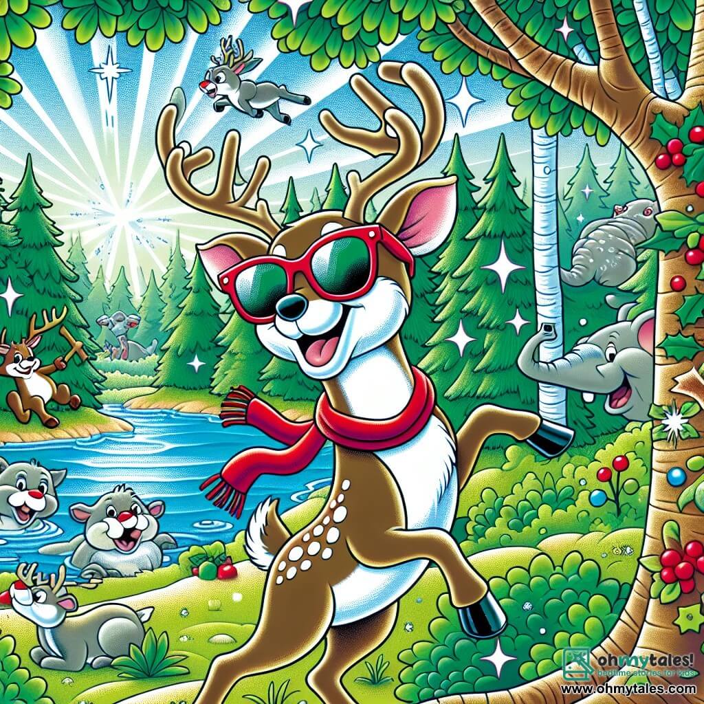 Une illustration destinée aux enfants représentant un renne espiègle, portant des lunettes de soleil rouges, qui explore une forêt magique remplie d'animaux amusants, avec un lac scintillant en arrière-plan.