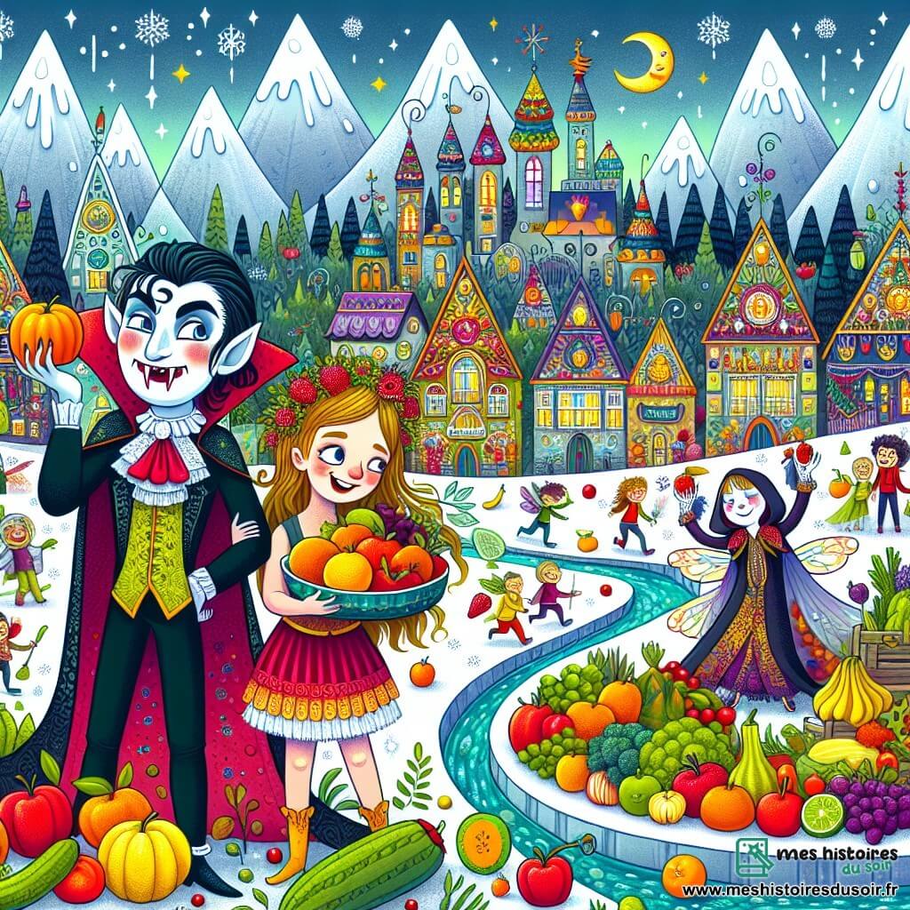 Une illustration destinée aux enfants représentant un vampire farfelu, détestant le sang, se retrouvant sans fruits ni légumes lors du Festival des Fruits dans une ville fantastique remplie de maisons colorées, de rivières scintillantes et de montagnes enneigées, mais accompagné d'une jeune fille malicieuse et d'une fée espiègle, ils partent à la recherche du Jardin des Secrets où les fruits et légumes les plus extraordinaires poussent en abondance.