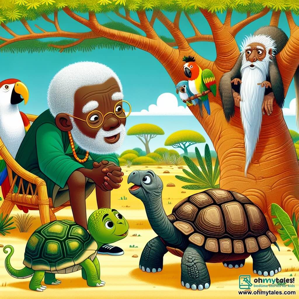 Une illustration destinée aux enfants représentant un sage homme aux cheveux argentés écoutant attentivement un tortue âgée, un perroquet bavard et un singe espiègle sous l'ombre d'un majestueux baobab au cœur de la savane africaine.
