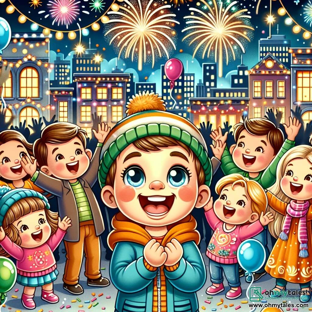 Une illustration destinée aux enfants représentant un petit garçon excité, entouré de ses amis et de sa famille, célébrant le nouvel an avec des feux d'artifice étincelants dans le ciel nocturne, dans une ville décorée de ballons colorés et de guirlandes scintillantes.