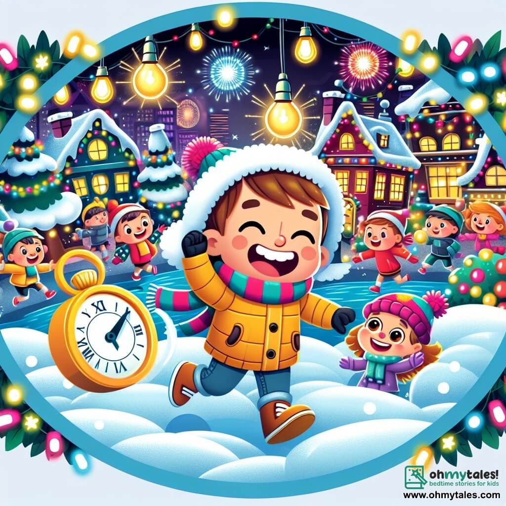 Une illustration destinée aux enfants représentant un jeune garçon excité par la fête du nouvel an, aidé par ses amis à retrouver une horloge de compte à rebours disparue, dans la ville enchantée de Happyville, illuminée par des lumières colorées et des décorations scintillantes.