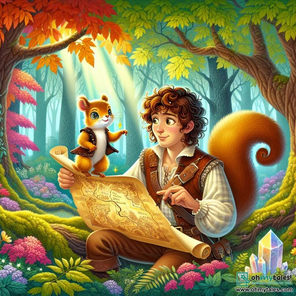 Une illustration sous forme de dessin destinée aux enfants représentant une forêt enchantée avec des arbres majestueux aux feuilles colorées, où un homme aux cheveux bruns bouclés, vêtu d'une chemise à carreaux et d'un gilet en cuir, examine une carte ancienne avec un regard déterminé, tandis qu'un petit écureuil au pelage doré, portant un minuscule gilet en cuir, se tient à ses côtés, les yeux pétillants d'excitation, alors qu'ils se préparent à partir à la recherche des mystérieuses Crystal Caverns, entourés de fleurs éclatantes et d'une lumière douce filtrant à travers les branches.