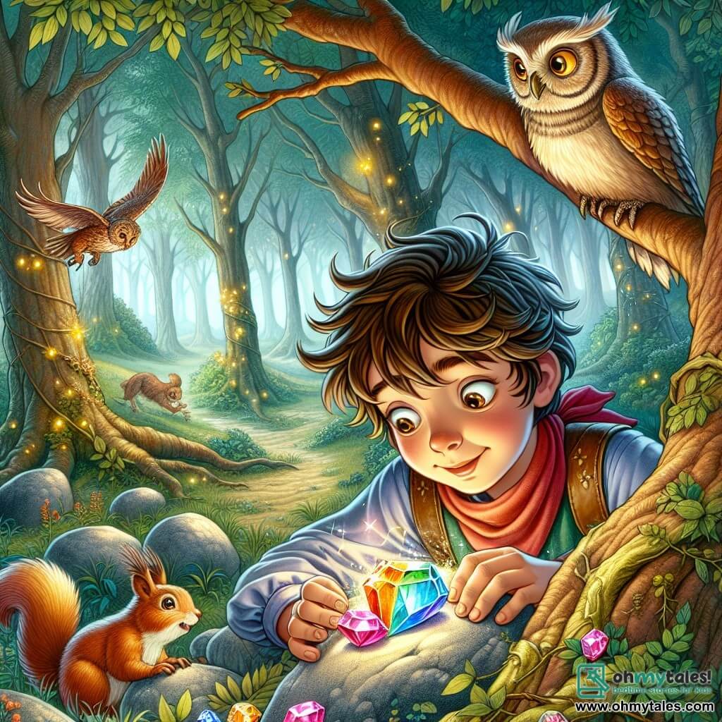 Une illustration sous forme de dessin destinée aux enfants représentant une clairière enchantée au cœur des Whispering Woods, où un garçon de 11 ans aux cheveux châtains en désordre et aux yeux pétillants d'émerveillement se penche pour ramasser une pierre scintillante aux couleurs vibrantes, tandis qu'un sage hibou aux plumes dorées l'observe depuis une branche, et un écureuil espiègle aux yeux malicieux s'approche en sautillant, tous deux témoins de la découverte magique qui va changer la vie du jeune aventurier.