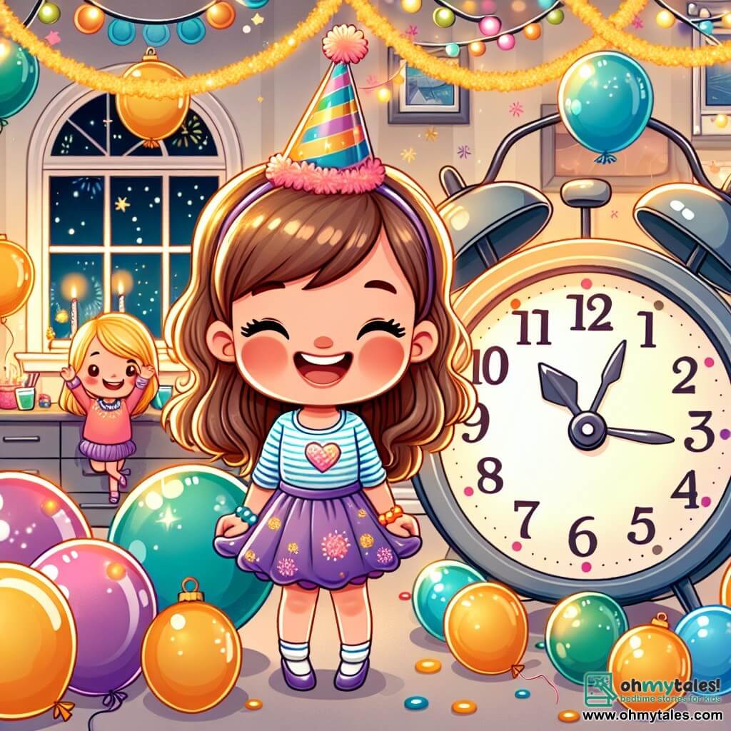 Une illustration destinée aux enfants représentant une fillette joyeuse prête pour une fête du Nouvel An chez son amie, entourée de ballons colorés, de guirlandes scintillantes, et d'une grande horloge marquant minuit, dans une maison chaleureuse et festive.