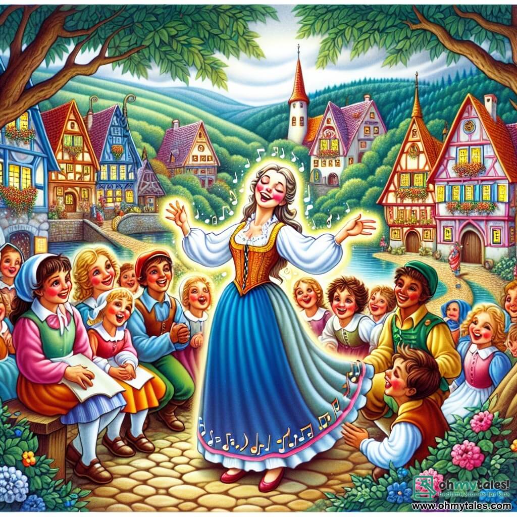 Une illustration destinée aux enfants représentant une jeune femme au sourire radieux chantant une mélodie enchanteresse pour un groupe d'enfants joyeux, dans la vallée paisible de Crescendo, où les maisons colorées sont ornées de notes de musique et les arbres dansent au rythme de sa voix.