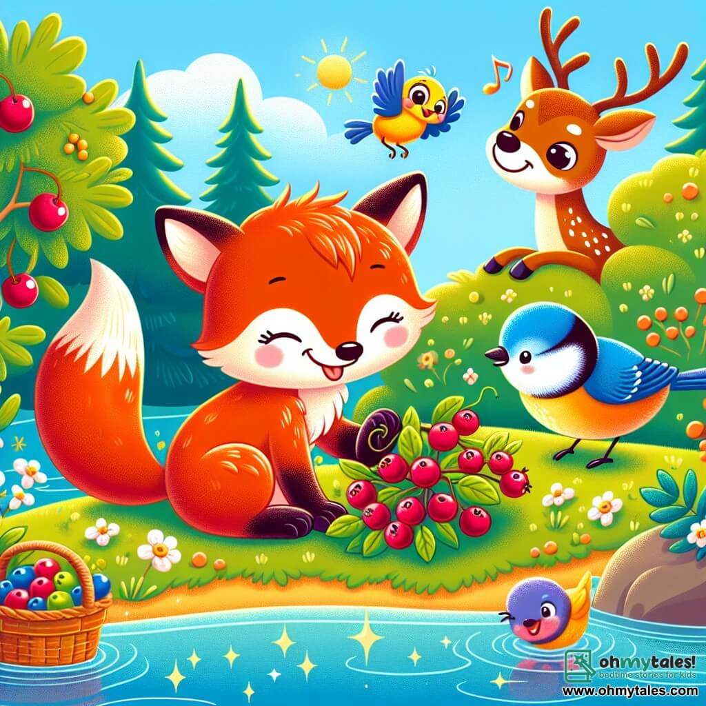 Une illustration sous forme de dessin destinée aux enfants représentant une scène ensoleillée près d'une rivière scintillante, où un renard à la fourrure orange brillante et à la queue duveteuse, souriant avec enthousiasme, cueille des baies juteuses sur un buisson, tandis qu'une joyeuse petite mésange bleue vole autour de lui en chantant, et une douce biche au pelage brun clair les observe avec un sourire amical, tous réunis pour partager un moment de bonheur et de camaraderie lors d'un pique-nique coloré au bord de l'eau.