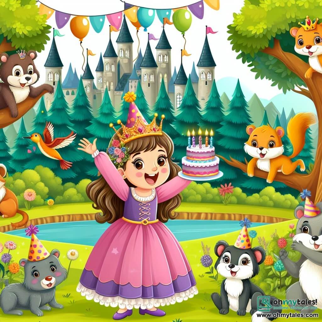 Une illustration destinée aux enfants représentant une fillette enthousiaste le jour de son anniversaire, entourée d'animaux joyeux dans une forêt enchantée aux arbres majestueux et aux couleurs chatoyantes.