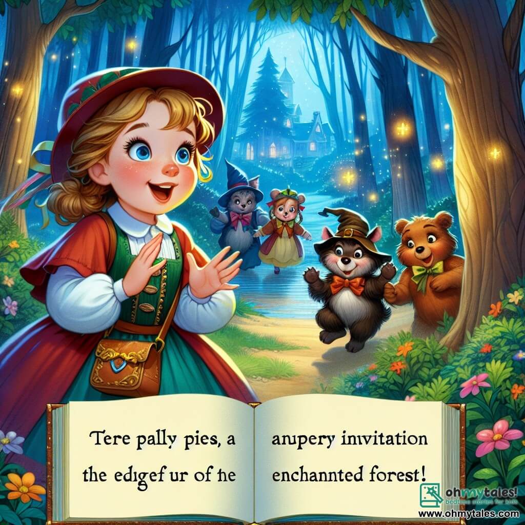Une illustration destinée aux enfants représentant une jeune fille émerveillée par une invitation mystérieuse pour une aventure magique à la lisière de la Forêt Enchantée, accompagnée d'une joyeuse bande de créatures de la forêt.