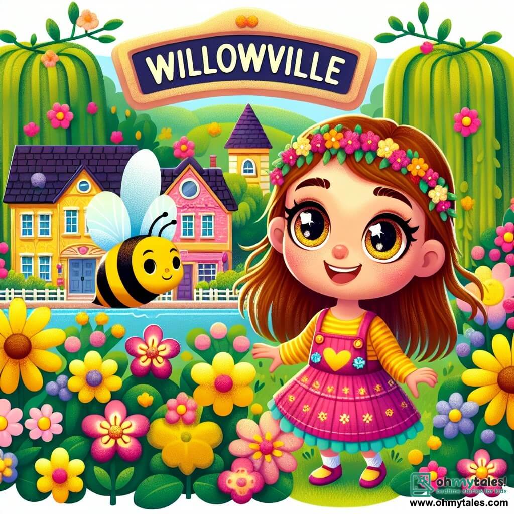 Une illustration destinée aux enfants représentant une petite fille aux yeux pétillants, se tenant debout dans un jardin fleuri, accompagnée d'une joyeuse abeille, dans une petite ville verdoyante nommée Willowville.