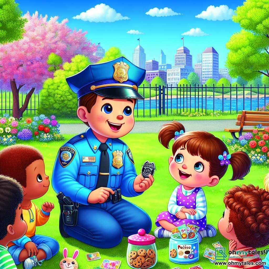 Illustration destinée aux enfants représentant un parc ensoleillé de la ville de Maplewood, avec des arbres verdoyants, des fleurs colorées et un ciel bleu éclatant. Au centre, un policier homme en uniforme bleu vif, avec un sourire chaleureux, se penche vers deux enfants : une fille aux pigtails, joyeuse et curieuse, et un garçon énergique aux cheveux bruns, tous deux tenant des stickers brillants. La scène capture l'instant où le policier explique son travail tout en montrant un petit badge, entouré d'autres enfants qui écoutent attentivement, avec un cookie jar décoré et un petit lapin curieux à proximité, ajoutant une touche de magie à l'atmosphère amicale et accueillante.