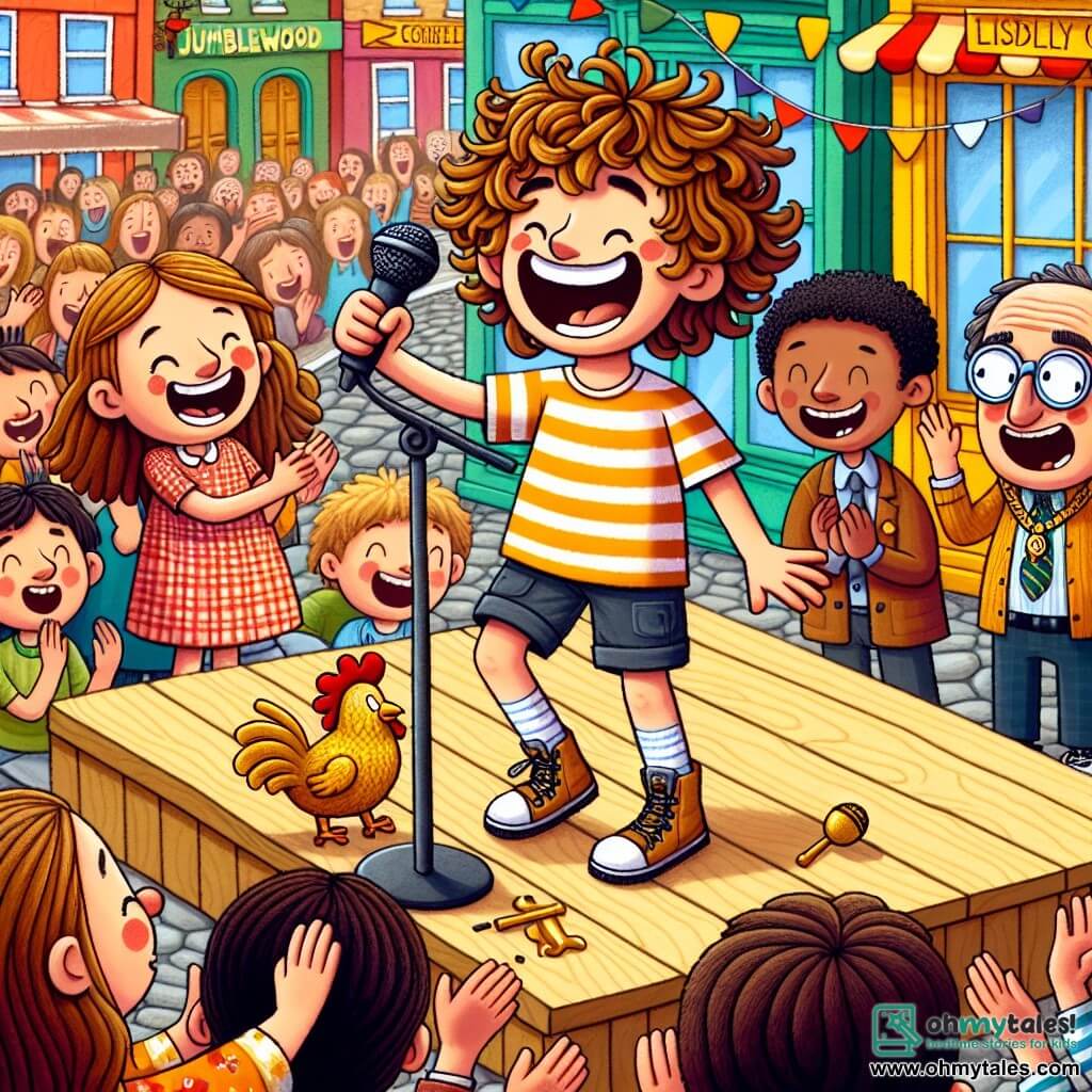 Une illustration sous forme de dessin destinée aux enfants représentant une scène animée dans la place colorée de Jumblewood, où un garçon de 11 ans aux cheveux bouclés et ébouriffés, vêtu d'un t-shirt rayé et d'un short, se tient sur une scène en bois, un micro à la main, riant et gesticulant avec enthousiasme, tandis qu'une fille de son âge, aux cheveux longs et bruns, applaudit avec un grand sourire depuis le premier rang, entourée d'un public composé d'enfants et d'adultes riant aux éclats, alors qu'un maire aux lunettes rondes et à l'air sérieux, mais amusé, regarde avec un air surpris, une poule en plastique dorée à ses pieds, symbolisant le défi comique qu'il vient de relever.