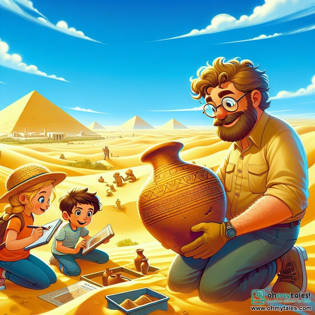 Une illustration sous forme de dessin destinée aux enfants représentant un vaste site archéologique en plein désert égyptien, avec des dunes dorées sous un ciel bleu éclatant, où un homme aux cheveux ébouriffés et aux lunettes rondes, vêtu d'une chemise kaki et d'un chapeau de paille, s'agenouille avec enthousiasme pour examiner un pot en céramique ancien, tandis qu'une jeune fille aux yeux pétillants, tenant un carnet de croquis, observe avec fascination et un jeune homme aux cheveux bruns et à la barbe légère, portant une pelle, se tient à côté, prêt à déterrer d'autres trésors enfouis, le tout évoquant l'excitation de la découverte d'artefacts historiques et la magie de l'exploration.