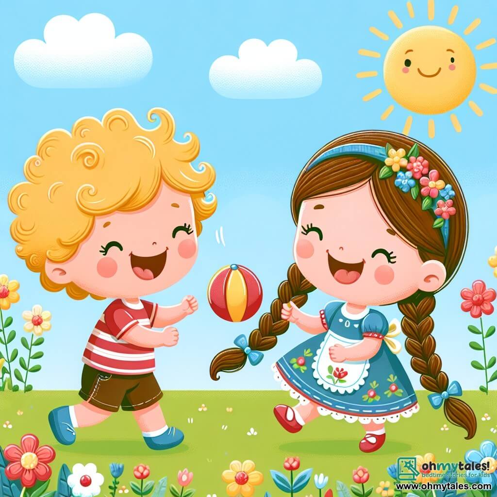 Une illustration sous forme de dessin destinée aux enfants représentant un jardin ensoleillé avec des fleurs colorées et un ciel bleu, où un petit garçon de 2 ans aux cheveux bouclés et aux yeux pétillants rit en jouant avec une petite fille de 3 ans aux cheveux longs et tressés, tous deux en train de se passer un ballon rouge, symbolisant leur joyeuse amitié et leur plaisir de jouer ensemble dans un cadre chaleureux et accueillant.