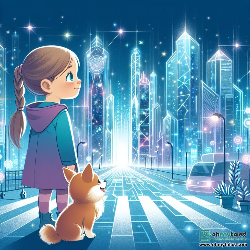 Une illustration destinée aux enfants représentant une jeune fille curieuse et émerveillée, accompagnée d'un adorable animal de compagnie, explorant une ville futuriste étincelante avec ses gratte-ciel scintillants, ses rues pavées de lumière et ses technologies avancées.