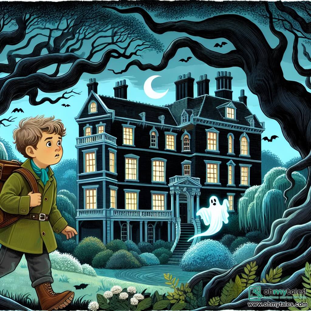 Une illustration destinée aux enfants représentant un jeune garçon curieux se lançant dans une enquête mystérieuse avec l'aide d'un fantôme amical, dans le sombre et majestueux manoir de Willow Grove entouré de grands chênes centenaires.