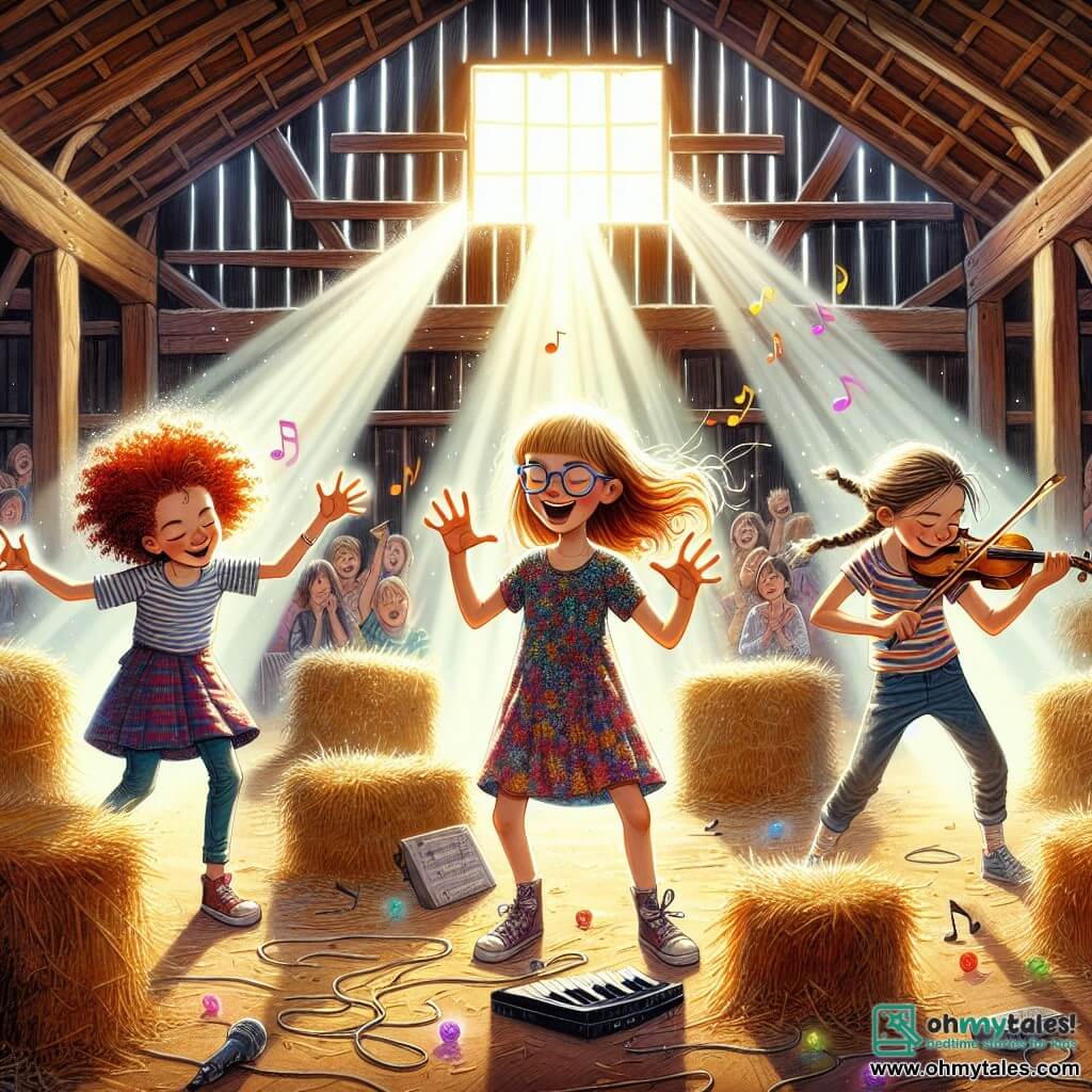 An illustration for children depicting a vibrant scene in an old wooden barn, filled with rays of sunlight filtering through the cracks in the walls, illuminating scattered hay bales on the floor. At the center of the scene, three nine-year-old girls, each with a distinct style. The first, a girl with curly red hair, wears a colorful dress and passionately mimics an invisible piano, her fingers dancing in the air with great energy. The second, a girl with smooth brown hair, wears glasses and a patterned t-shirt, holding an imaginary violin, her face focused and joyful. The third, a girl with braided blonde hair, is dressed in sports pants and imitates a drummer, her hands beating the air enthusiastically. 

The scene captures the moment when the three friends play their "Invisible Orchestra," surrounded by laughter and imaginary applause, with colorful musical notes floating around them, symbolizing the magic of their performance. In the background, invisible spectators seem to participate, adding to the festive and joyful atmosphere of this creative moment.