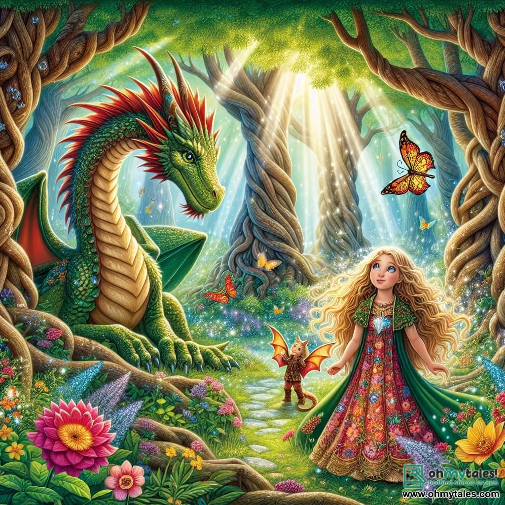An illustration depicts a magical scene in an enchanted forest, where tall, gnarled trees reach towards the sky, their leaves shimmering like emeralds in the sunlight. In the center, a 9-year-old girl with golden hair flowing in the wind and sparkling curious eyes stands before a magnificent dragon with shiny scales, who watches her kindly. The girl wears a colorful dress adorned with floral patterns and holds a sparkling locket in her hand, her face lit up with wonder. Beside her, a miniature dragon with red and gold scales flaps its wings excitedly, ready to assist her in her adventure. The scene radiates an atmosphere of camaraderie and magic, with colorful flowers and butterflies fluttering around them, while a gentle beam of light filters through the foliage, creating a halo around the two friends.