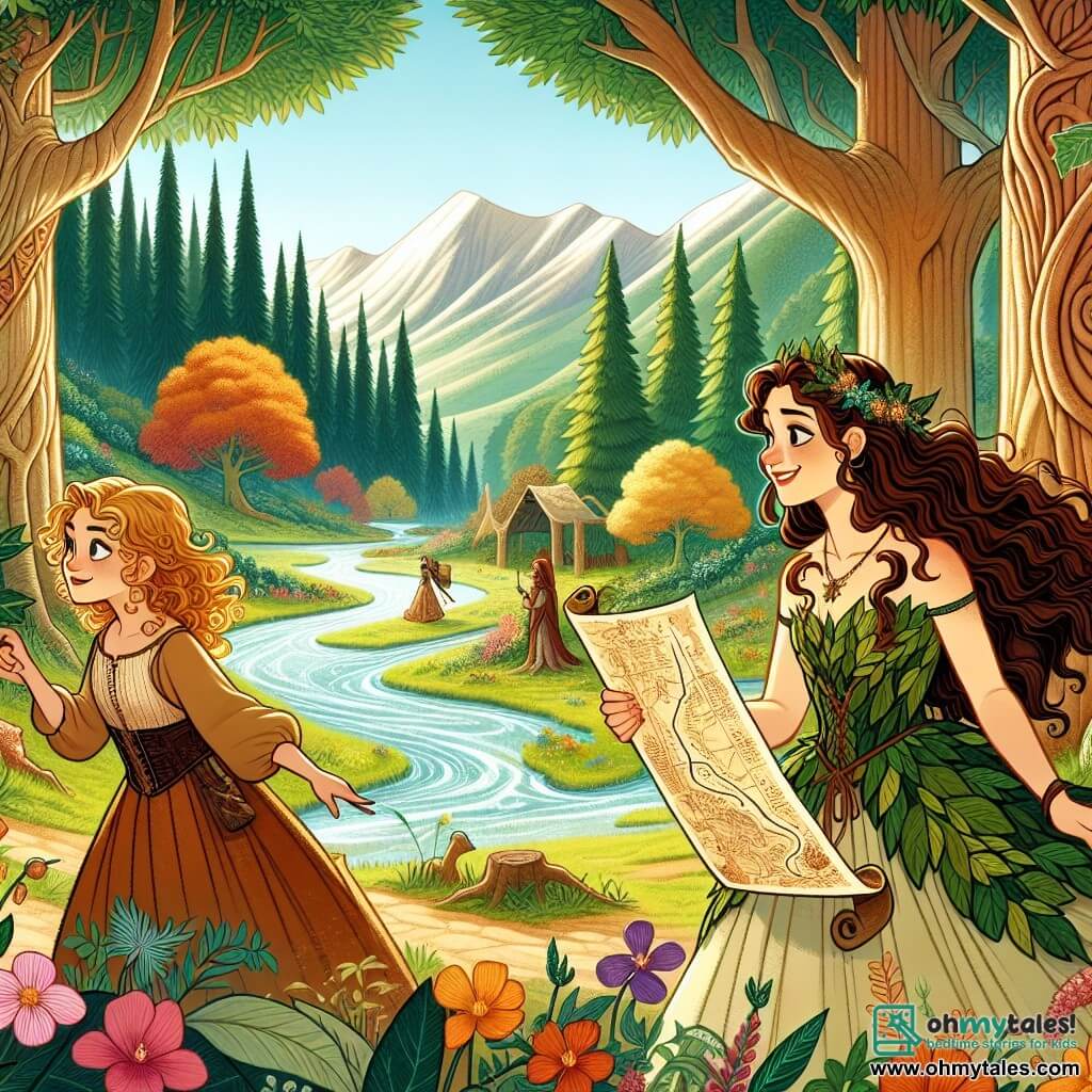 Une illustration sous forme de dessin destinée aux enfants représentant un magnifique paysage de la Vallée des Whispers, avec des arbres majestueux aux feuilles scintillantes et un ruisseau chantant serpentant à travers des fleurs colorées, au premier plan, une jeune femme aux cheveux bouclés et dorés, portant une robe faite de feuilles et de fleurs, tenant une carte ancienne avec un regard déterminé, tandis qu'à ses côtés, une jeune femme aux longs cheveux bruns et à la peau couleur terre, vêtue d'une robe en écorce, sourit et pointe vers un chemin mystérieux, illustrant leur quête d'aventure et de découverte dans un monde magique rempli de secrets.