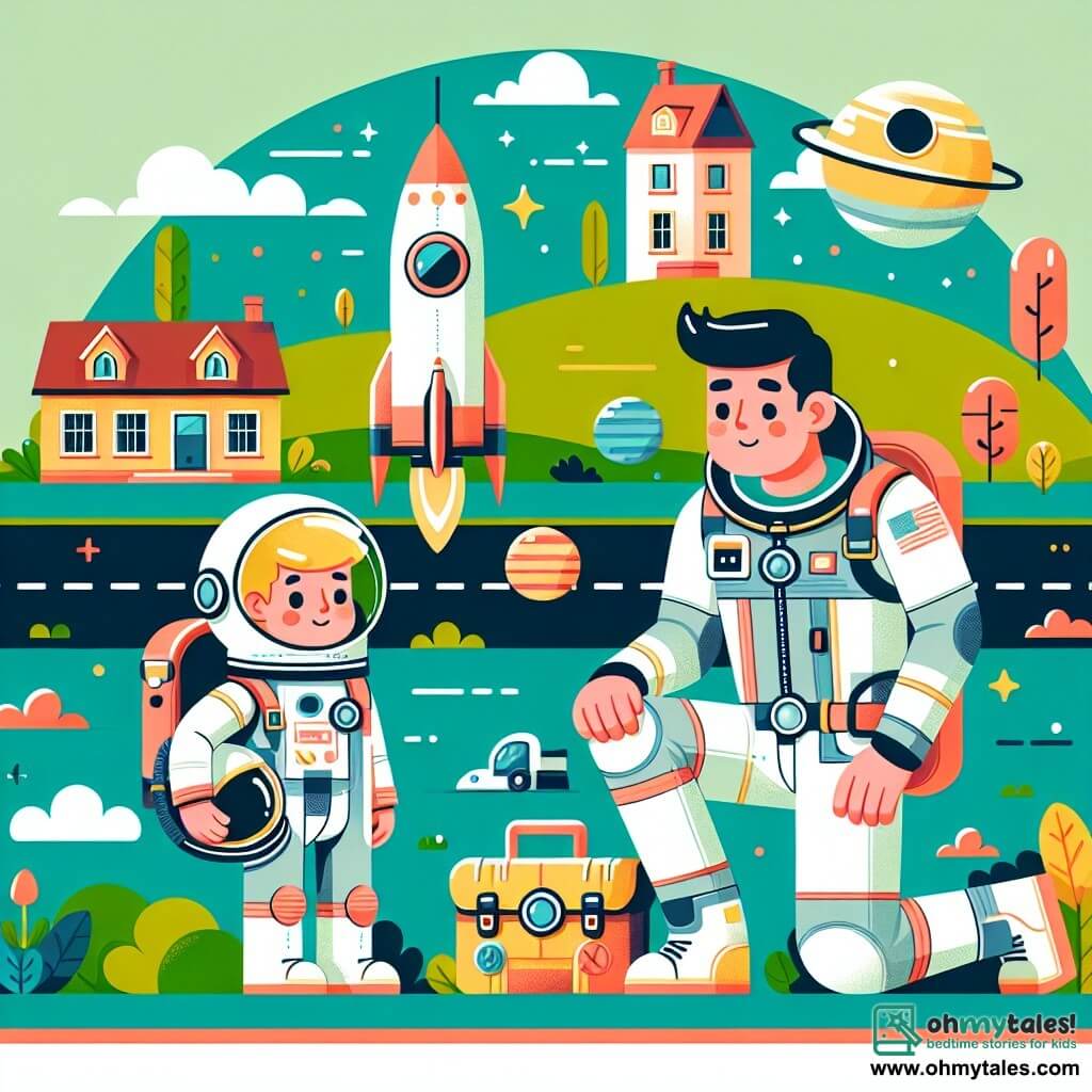 Une illustration destinée aux enfants représentant un astronaute homme préparant son voyage dans un vaisseau spatial, accompagné d'un garçon curieux, portant un mini scaphandre, dans une petite ville avec des maisons colorées et un champ verdoyant en arrière-plan.