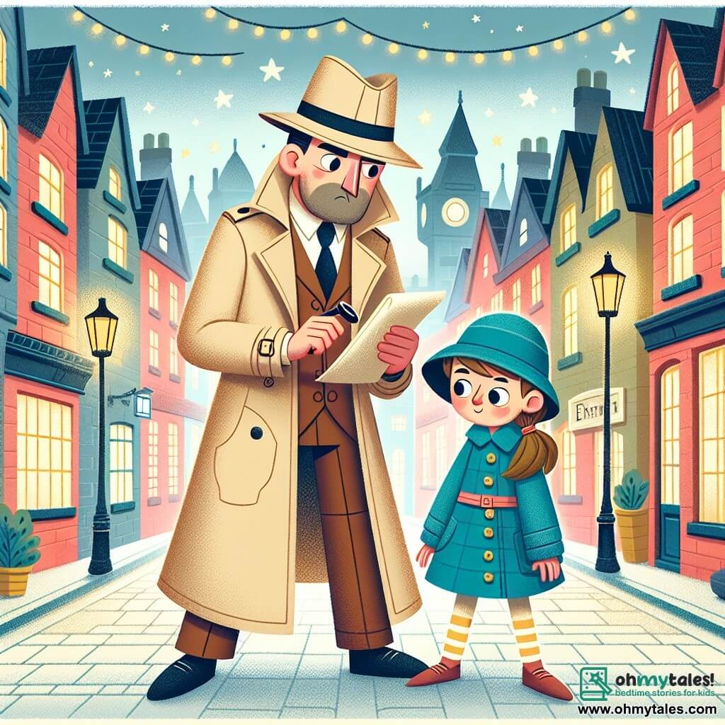 Une illustration destinée aux enfants représentant un détective homme, habillé d'un imperméable et d'un chapeau, résolvant un mystère avec l'aide d'une jeune fille en robe bleue, dans une ville pittoresque aux maisons colorées et aux rues pavées bordées de lanternes scintillantes.