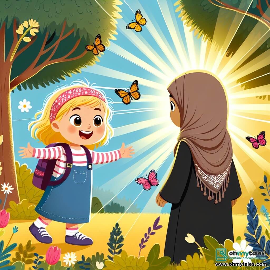 Une illustration destinée aux enfants représentant une fillette joyeuse et aventureuse, faisant la rencontre d'une nouvelle amie timide dans le parc ensoleillé de Willow Creek, où les arbres se balancent doucement et les papillons virevoltent autour d'elles.