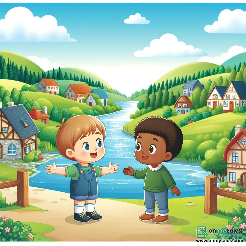 Une illustration destinée aux enfants représentant un garçon curieux et ouvert d'esprit, faisant la rencontre d'un nouvel ami venu d'ailleurs, dans le charmant village de Maplewood, entouré de collines verdoyantes et d'une rivière scintillante.