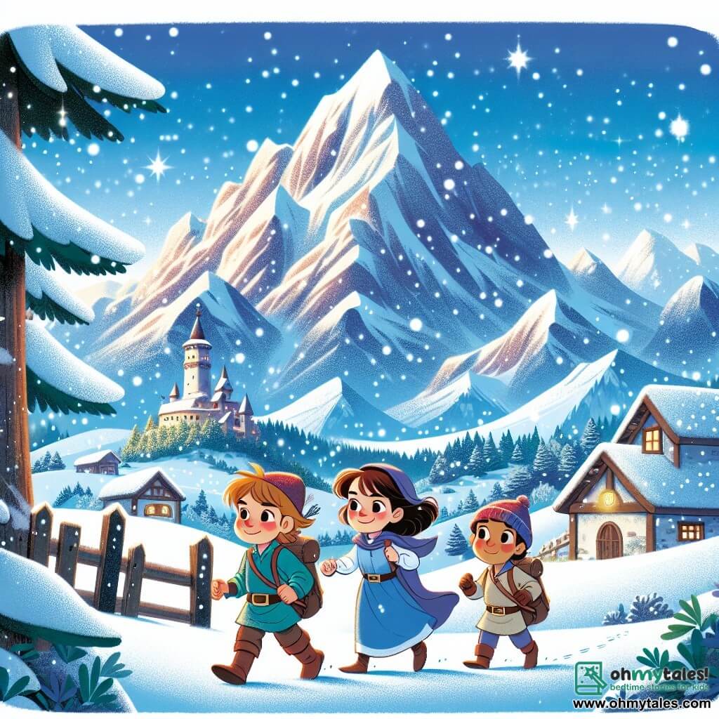 Une illustration destinée aux enfants représentant une jeune fille courageuse partant à la recherche d'un trésor légendaire avec ses amis, un garçon astucieux et une fille intrépide, dans un petit village enneigé, au pied d'une montagne majestueuse recouverte de neige scintillante.
