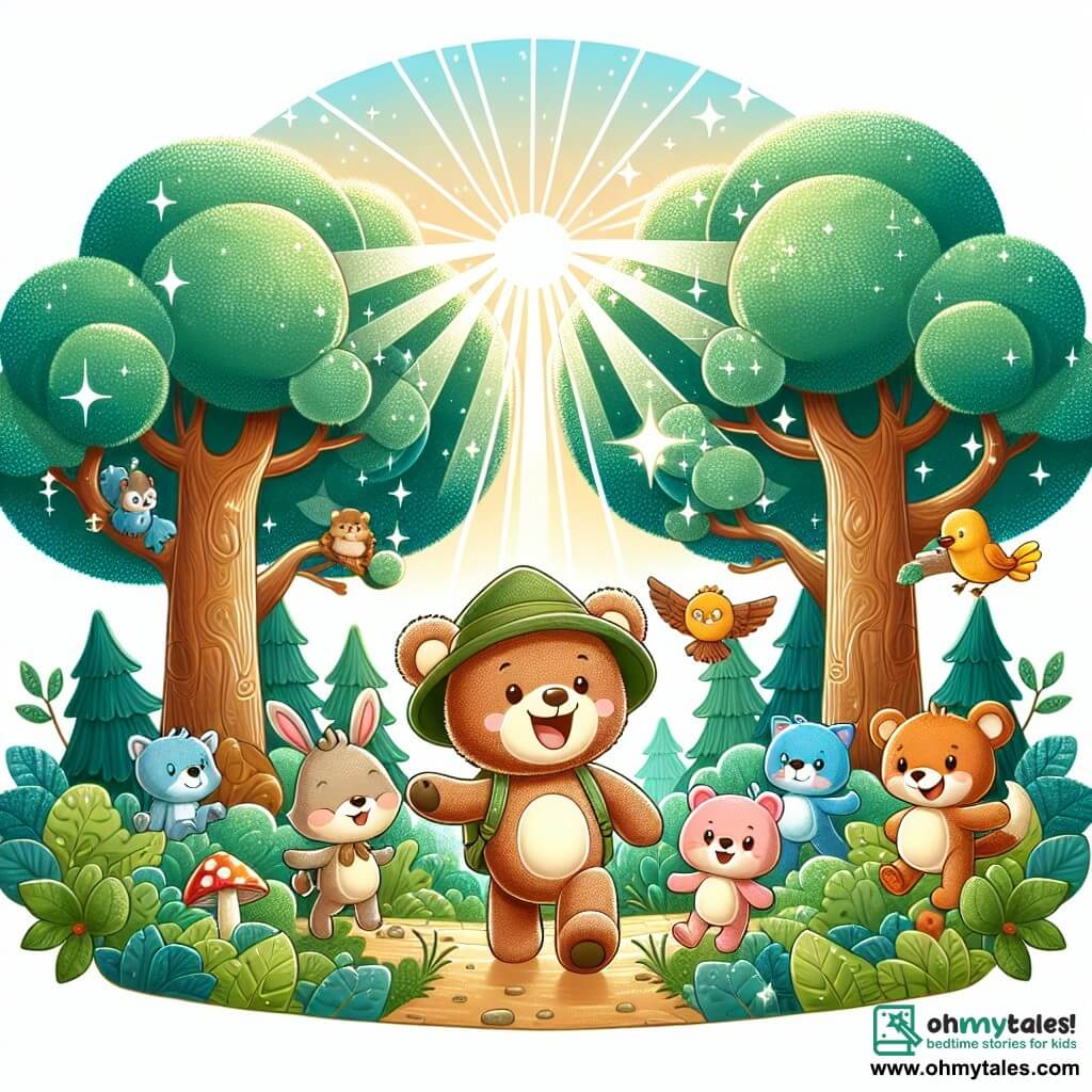 Une illustration destinée aux enfants représentant un joyeux ourson qui se lance dans une aventure amusante en compagnie de ses amis animaux, dans une forêt magique pleine de grands arbres aux feuilles chatoyantes et de doux rayons de soleil qui filtrent à travers le feuillage.