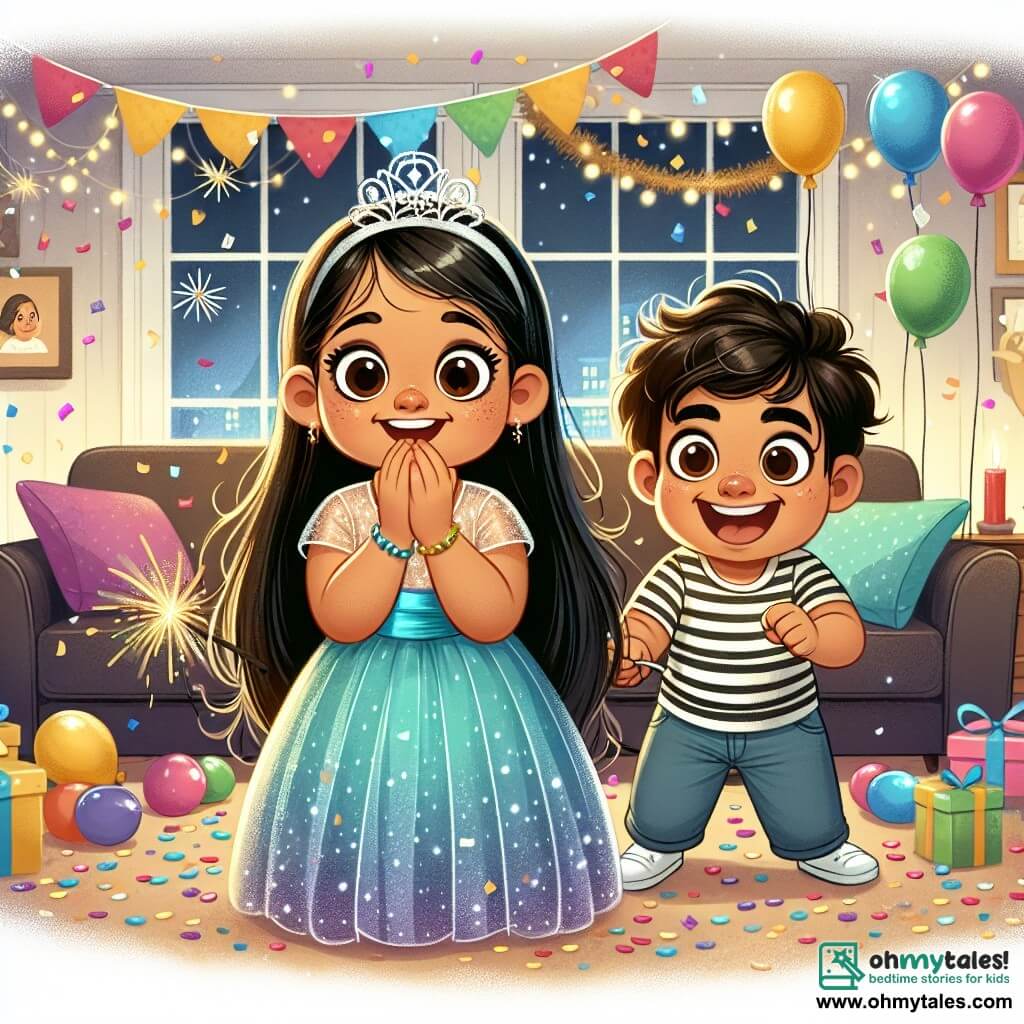 Une illustration destinée aux enfants représentant une petite fille émerveillée par la magie du Nouvel An, accompagnée de son grand frère espiègle, dans un salon décoré de ballons colorés, de guirlandes scintillantes et de confettis éparpillés partout.