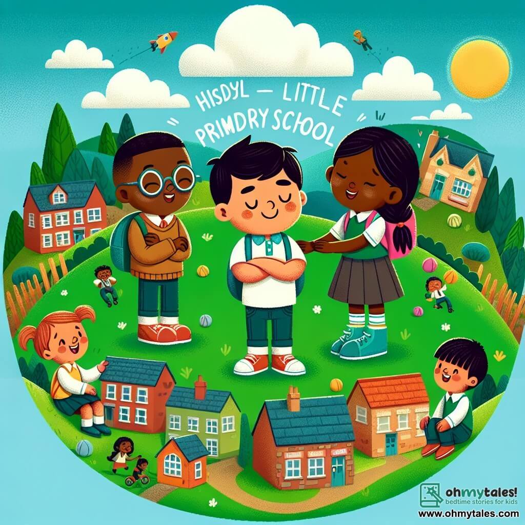 Une illustration destinée aux enfants représentant un jeune garçon courageux qui fait face au harcèlement à l'école avec l'aide de ses amis, dans une petite ville pittoresque entourée de collines verdoyantes et d'un joyeux terrain de jeu à l'école primaire Hillside.