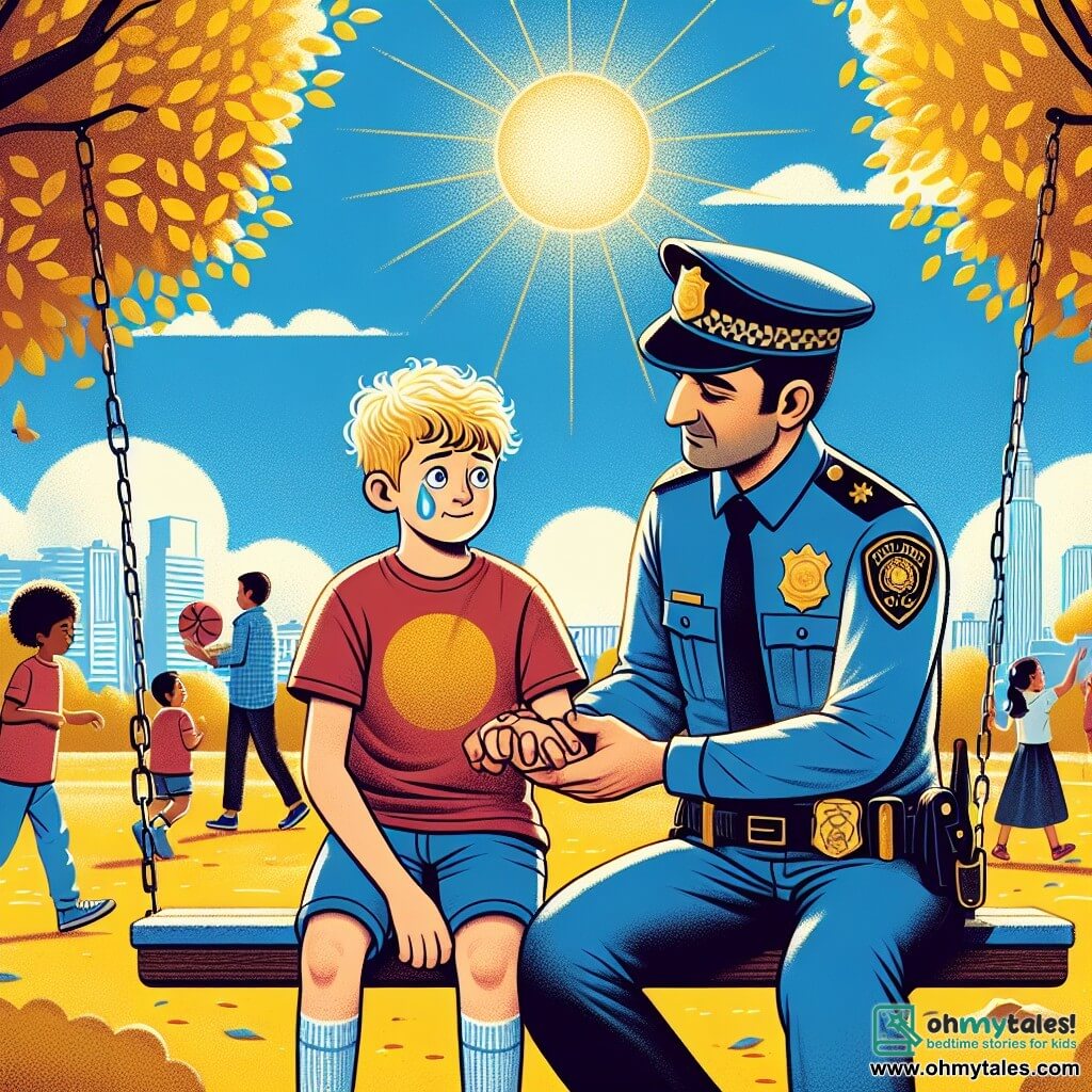 An illustration depicting a sunny park in the city of Maplewood, with trees featuring golden leaves and a light blue sky dotted with fluffy white clouds. In the foreground, a police officer in uniform, with a warm smile, short brown hair, and an athletic build, leans down to a young boy of 8 years old, who has messy blonde hair and tears on his face. The officer gently examines the boy's arm, who is sitting on a fallen swing, surrounded by a few concerned children. The boy is wearing a red t-shirt and blue shorts, while the officer, in a blue uniform, has a belt with safety tools. In the background, children are playing basketball and families are walking, creating a warm and supportive community atmosphere.