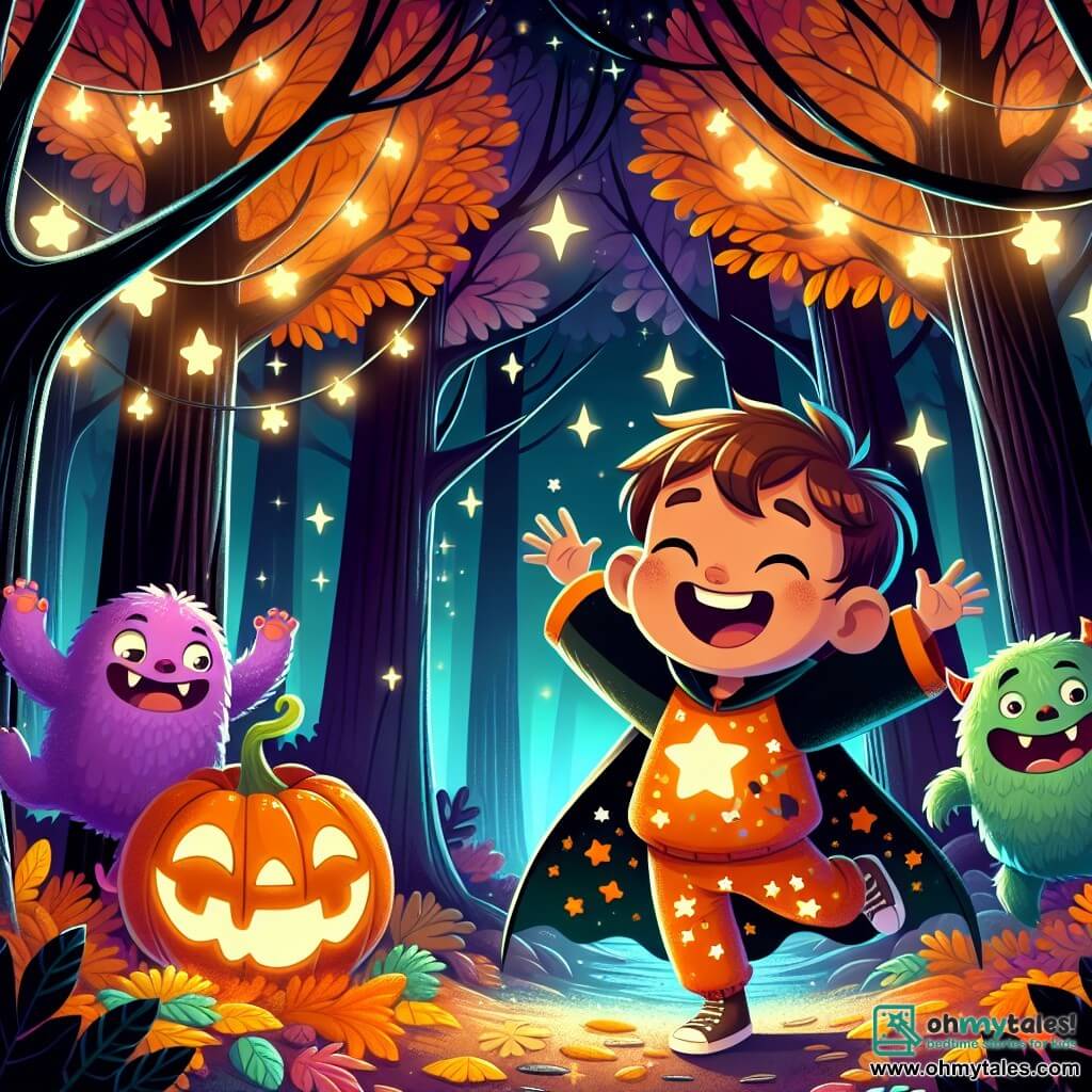An illustration depicts a magical scene in a Halloween forest. The tall, dark trees are adorned with twinkling lights that shine like stars. The ground is covered with colorful leaves in orange and gold hues, creating a warm and mysterious ambiance. In the center, an 8-year-old boy with brown hair and sparkling eyes wears an orange costume with shining stars and a ghost face. He joyfully laughs with his arms raised in victory. Beside him, a small, fluffy purple monster with round eyes and a big smile jumps for joy. Another smaller green monster with pointy ears hides behind a bush, giggling softly. The main scene shows the boy and his monster friends playing hide-and-seek in the enchanted forest. The boy has just discovered the green monster hidden behind the leaves, and all the characters are filled with excitement and camaraderie. In the background, a large glowing pumpkin shines, adding a touch of magic to the scene. Twinkling stars and a smiling moon complete the festive and warm atmosphere of this Halloween adventure.