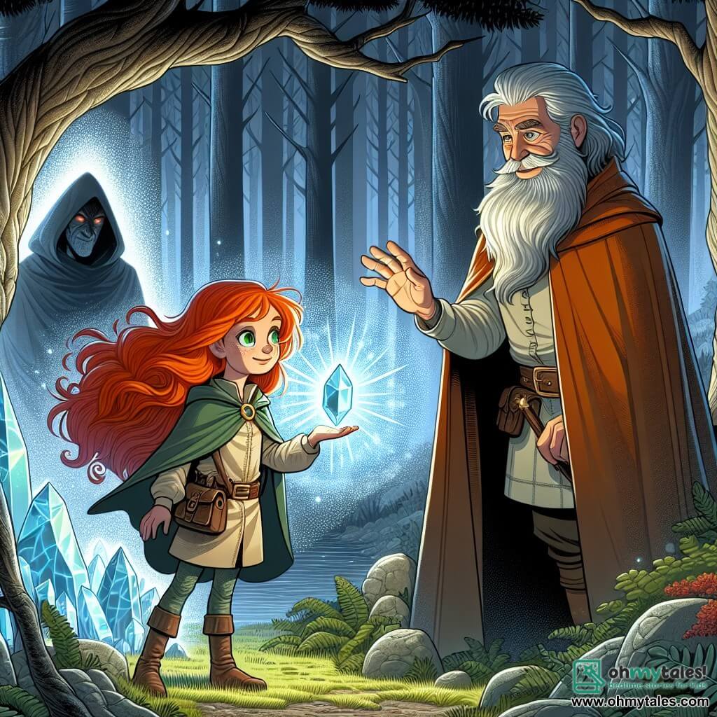 Une illustration sous forme de dessin destinée aux enfants représentant une clairière magique au cœur de la forêt des Murmures, où une jeune fille aux cheveux roux flamboyants et aux yeux verts pétillants, vêtue d'une tunique d'exploratrice, se tient courageusement devant un cristal lumineux pulsant de lumière, tandis qu'un vieil homme sage à la barbe grise et aux yeux bienveillants, vêtu d'une cape en cuir, l'encourage avec un sourire, alors qu'un ombre menaçante se profile derrière eux, créant une atmosphère d'aventure et de mystère.