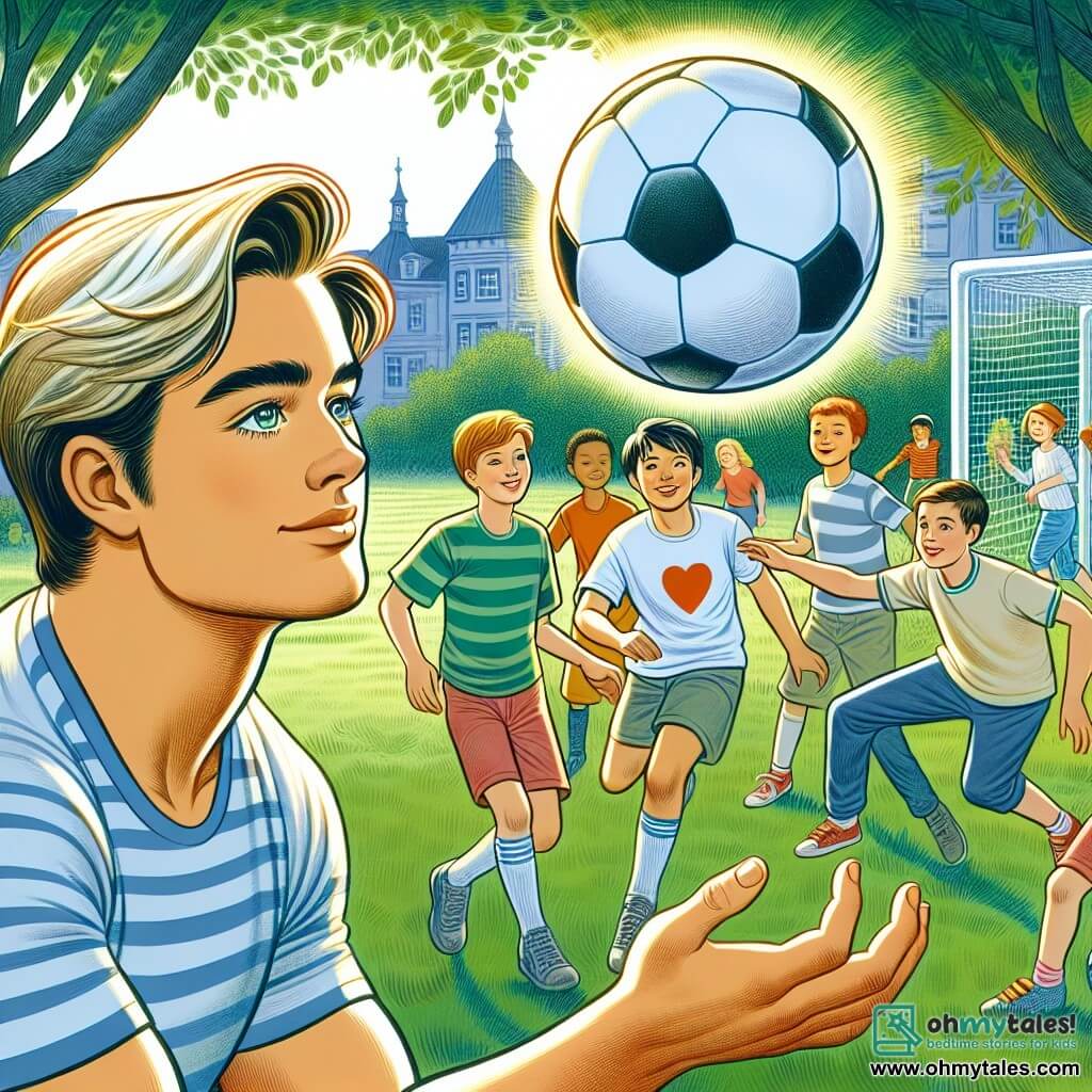 Une illustration destinée aux enfants représentant un jeune homme passionné de football, jouant avec des enfants dans un parc verdoyant et animé, sous le regard admiratif d'un groupe de garçons et de filles.