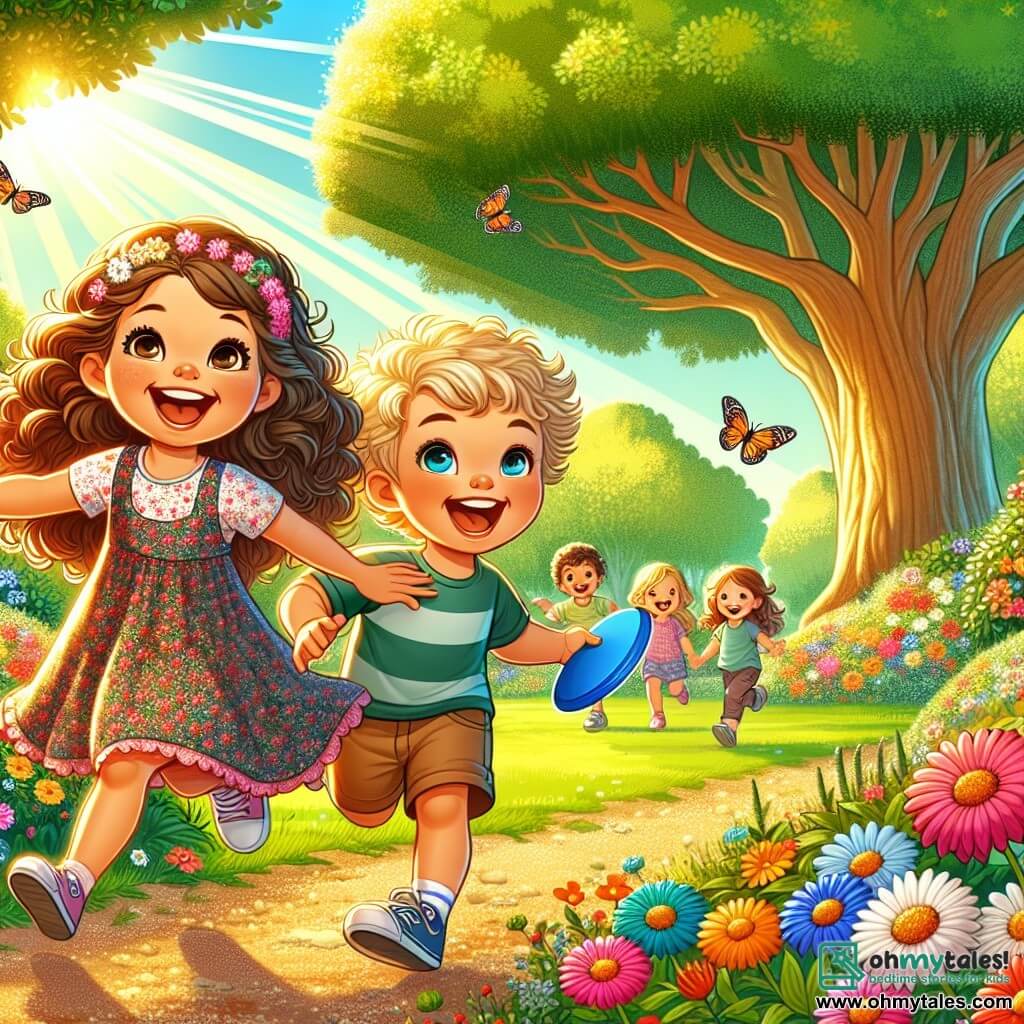 An illustration depicting a sunny afternoon in a lush park, featuring a large oak tree with dense foliage and colorful flowers lining a gravel path. In the foreground, an eight-year-old girl with curly brown hair wears a floral dress and smiles joyfully while holding a frisbee. Next to her, a seven-year-old boy with blonde hair and sparkling eyes is laughing and running, ready to catch the frisbee. In the background, other children are playing together, creating an atmosphere of camaraderie and joy. The scene captures a moment of happiness and friendship, symbolizing support and love despite family changes. Colorful butterflies flutter around, adding a touch of magic to this illustration.