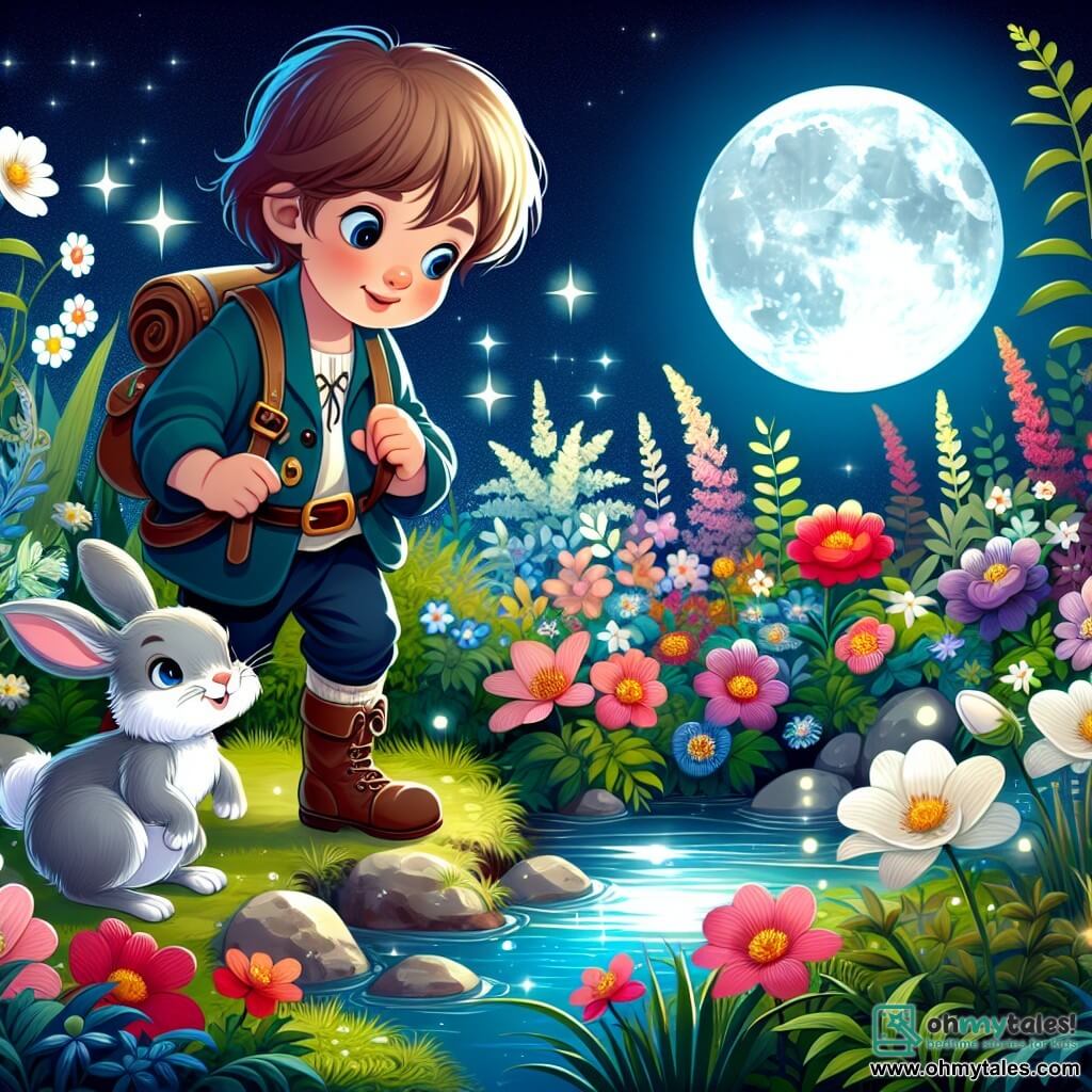Une illustration destinée aux enfants représentant une petite fille curieuse et aventureuse, accompagnée d'un lapin de Pâques malicieux, explorant un champ magique rempli de fleurs colorées, d'herbe haute et d'un petit ruisseau scintillant sous la lueur de la lune.