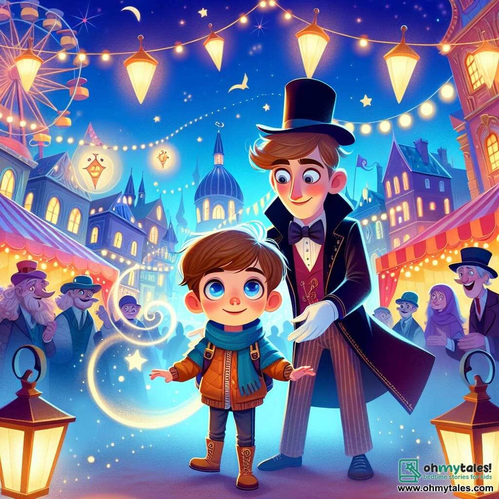 Une illustration destinée aux enfants représentant un jeune garçon curieux et aventureux, se retrouvant plongé dans un carnaval magique, accompagné d'un mystérieux magicien, dans la ville colorée de Whimsyville, où les rues sont bordées de lanternes scintillantes et les rires résonnent joyeusement.