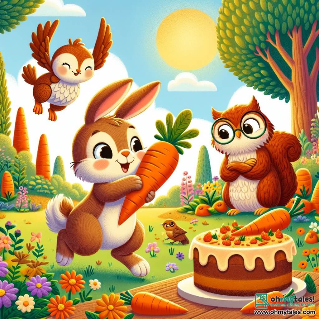 Illustration destinée aux enfants représentant un jardin ensoleillé à Bunnyville, rempli de carottes orange éclatantes et de fleurs colorées, où un petit lapin aux grandes oreilles et au pelage doux et brun est en train de sauter joyeusement, tenant une carotte géante dans ses pattes avant. À ses côtés, une écureuil malicieuse avec un pelage roux et une queue touffue, qui s'illumine d'excitation, et un hibou sage aux plumes brunes, portant des lunettes, observant la scène avec un sourire bienveillant. En arrière-plan, un gâteau aux carottes doré et appétissant repose sur une table en bois, tandis qu'un petit oiseau curieux se penche pour goûter une miette, créant une atmosphère de camaraderie et de joie.