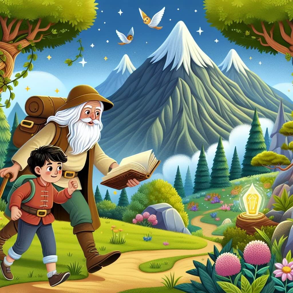 Une illustration destinée aux enfants représentant un jeune garçon curieux, accompagné d'un sage ancien, partant à l'aventure à travers une montagne majestueuse, une forêt ancienne et des jardins fleuris, à la recherche de la sagesse cachée dans un mystérieux livre.