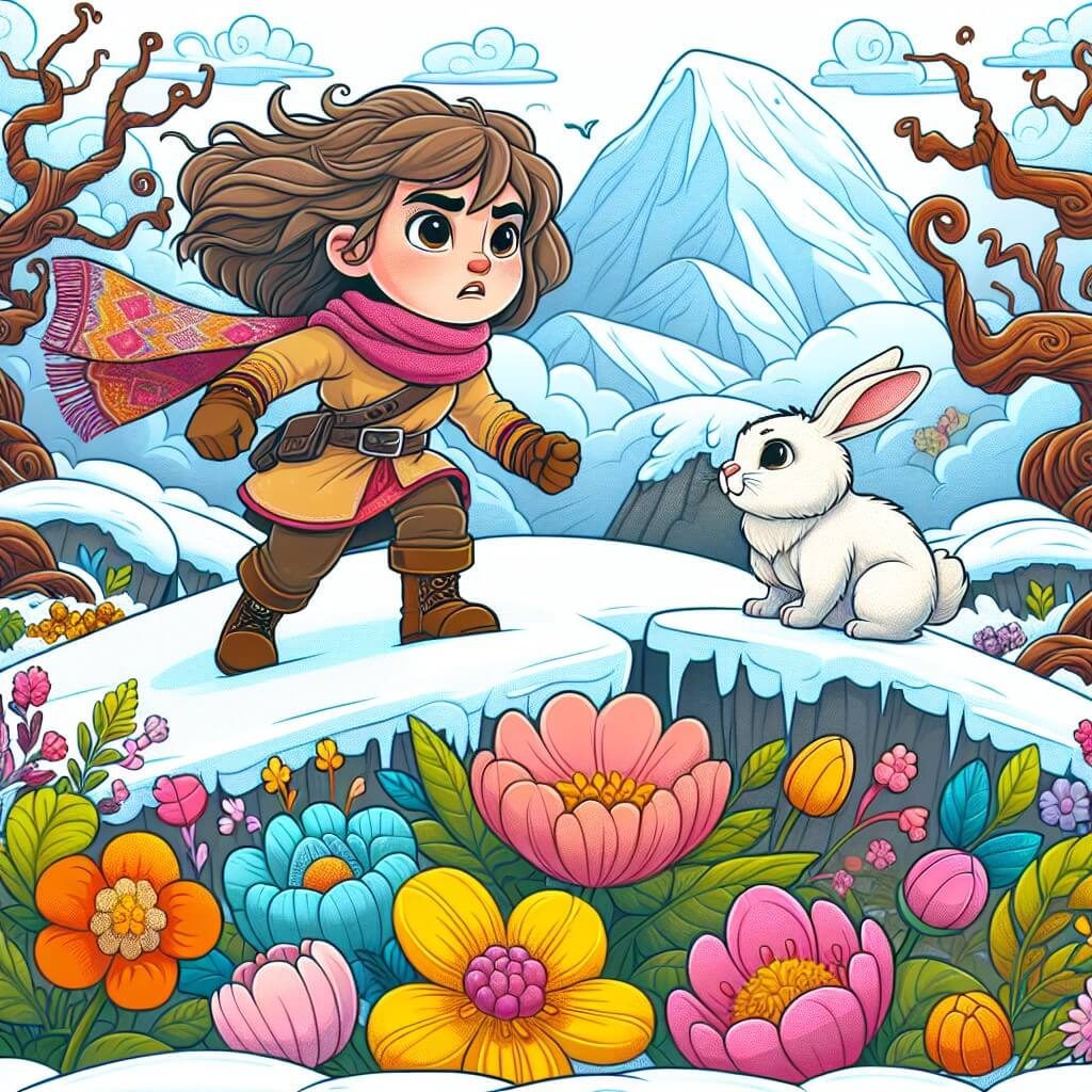 Une illustration destinée aux enfants représentant une jeune fille audacieuse se trouvant face à un défi impossible, accompagnée d'un adorable lapin, dans un monde féerique rempli de fleurs lumineuses et d'arbres aux branches tordues, situé au sommet d'une montagne enneigée.
