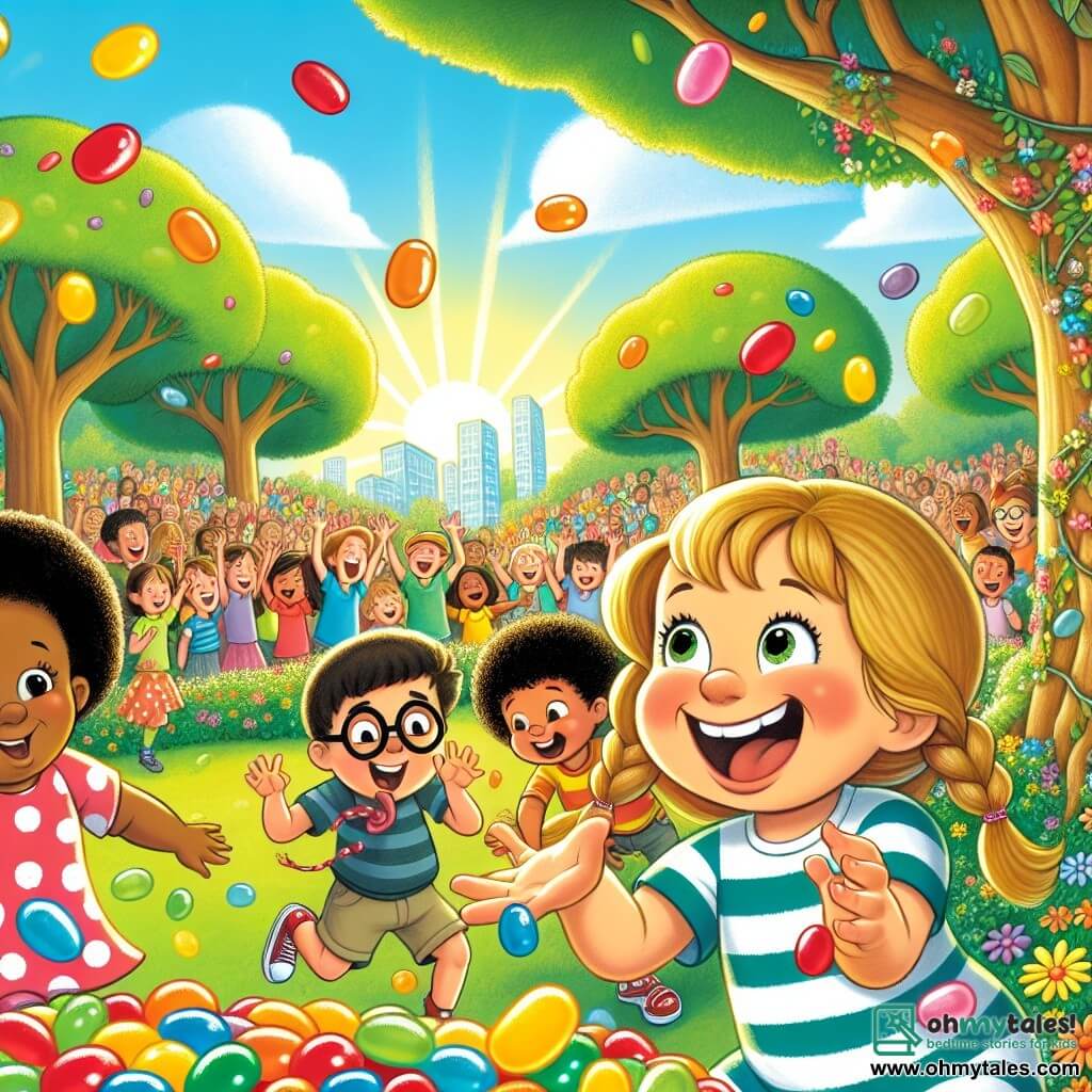Illustration destinée aux enfants représentant un parc ensoleillé de Gigglewood, rempli de grands arbres aux feuilles colorées, de fleurs éclatantes et d’un ciel bleu parsemé de nuages moelleux. Au centre, un groupe d’enfants de 5 ans, tous joyeux, se prépare pour le Grand Jellybean Jump-Off : un garçon aux cheveux bouclés et un grand sourire, tenant une poignée de jellybeans, un autre garçon avec des lunettes et un t-shirt rayé, riant en essayant de sauter sur un coussin, tandis qu'une petite fille aux cheveux tressés et une robe à pois s'apprête à lancer des jellybeans en l'air. En arrière-plan, des spectateurs rient et applaudissent, tandis que des jellybeans colorés volent dans les airs, créant une ambiance festive et joyeuse.